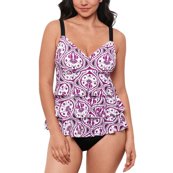 NWT Swim Solutions Printed Tiered Fauxkini One Piece Swimsuit Magenta Purple 10 - Picture 1 of 8